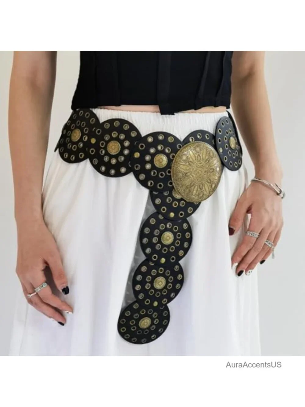 Vintage Western Wide Disc Belt for Women - Faux Leather Waist Belt Boho Cowgirl